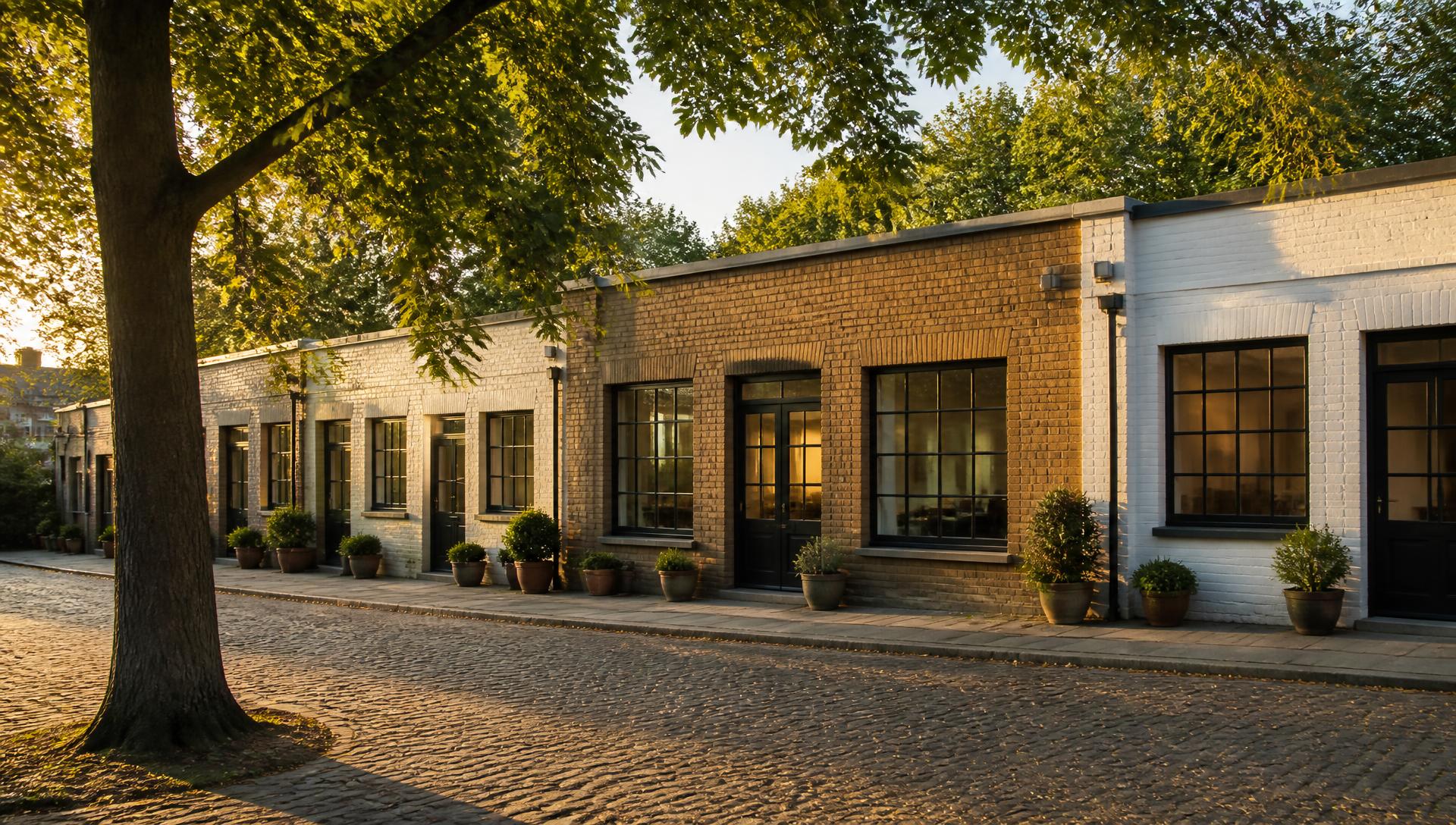 Illustrative golden-hour view of a single-storey London mews-style business centre on a leafy avenue
